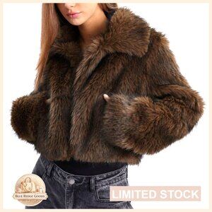 Faux Fur Cropped Coat Open Front Long Sleeve Jacket Winter Warm Elegant
